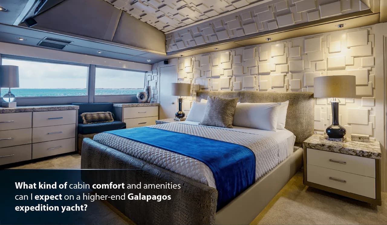 What kind of cabin comfort and amenities can I expect on a higher-end Galapagos expedition yacht?