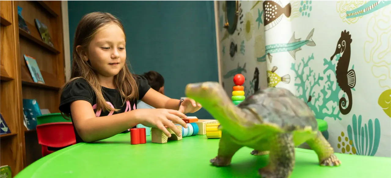 Child learning about Galapagos wildlife while playing onboard during a family cruise in the Galapagos Islands.