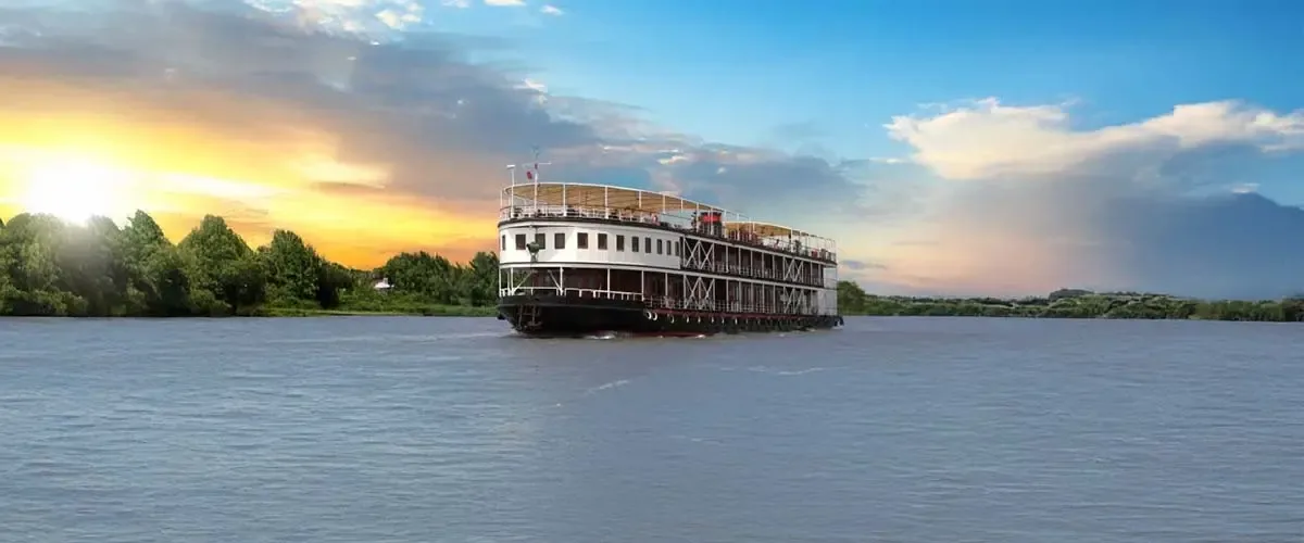 Pandaw vessel navigating the Mekong River between Vietnam and Cambodia