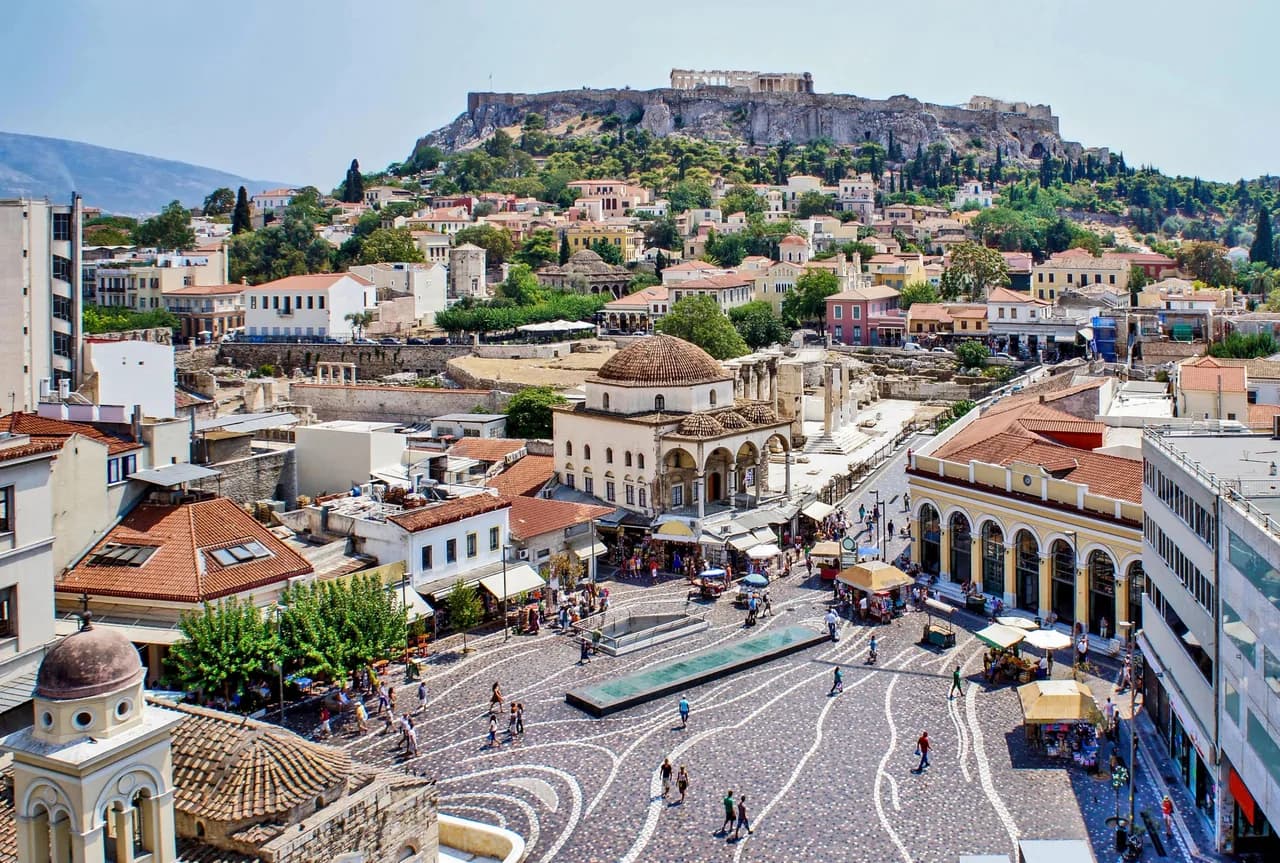 Monastiraki Square is in the heart of Athens, Greece, showcasing a vibrant crossroads where centuries of history coexist seamlessly.