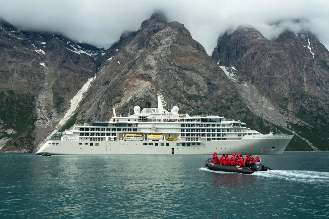 Silver Endeavour anchored in the dramatic Evighed Fjord in Greenland.