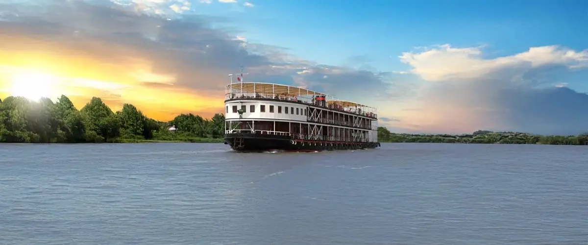 Pandaw vessel navigating the Mekong River between Vietnam and Cambodia